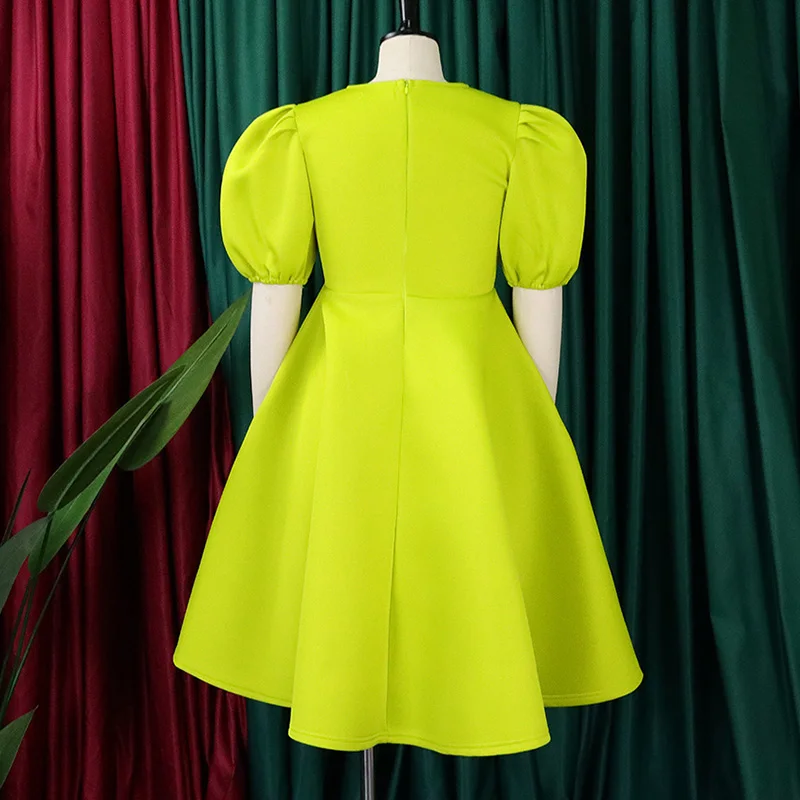 Spring Autumn Casual Solid Color Pullover A-line Skirt Fashion Round Neck Pleated Puff Short Sleeve Zipper Plus Size Midi Dress