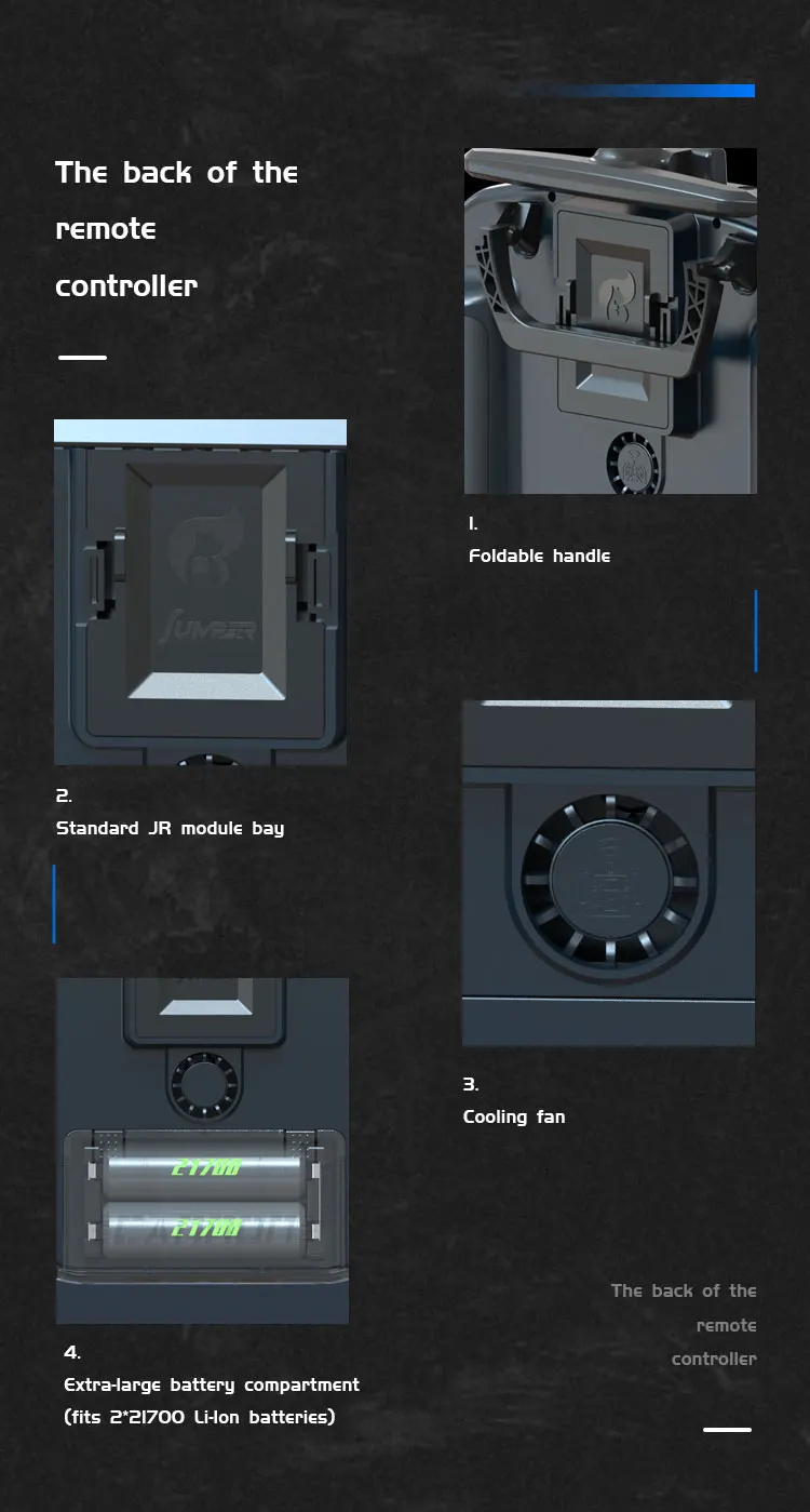 Jumper T14 Transmitter, the back of the remote controller Foldable handle SeiR Eans Standard JR module bay