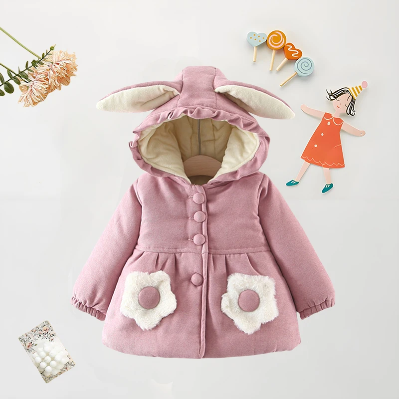 Baby Cotton Coat Winter Baby Girl Flower Decoration Filled Cotton Rabbit Ears Hooded Jacket Warm Clothes Coat