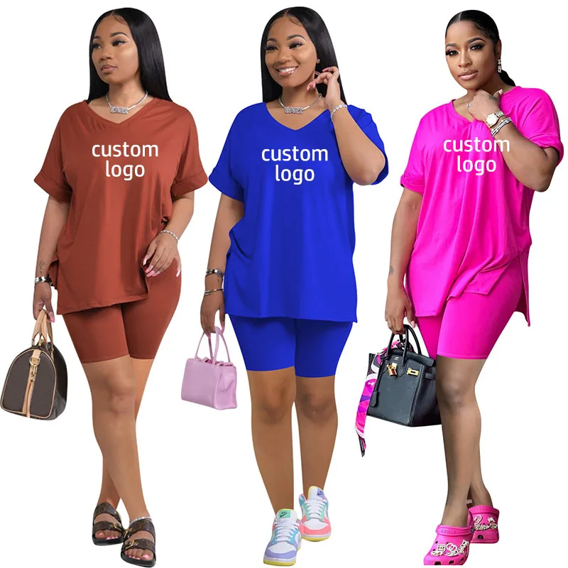 Custom Your Logo Summer Women Set Solid Basic Split T-shirt Solid Loose Two Piece Set Cotton Ventilate Fashion Casual Clothing