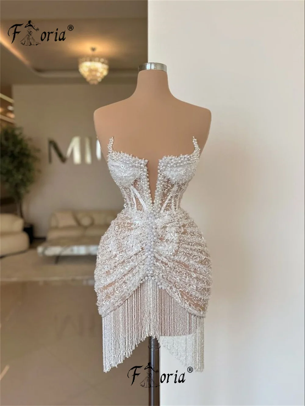 Cocktail Dress Strapless Pearls Cocktail Dress with Tassel Fringes Ivory Sequin Beaded Short Prom Dresses