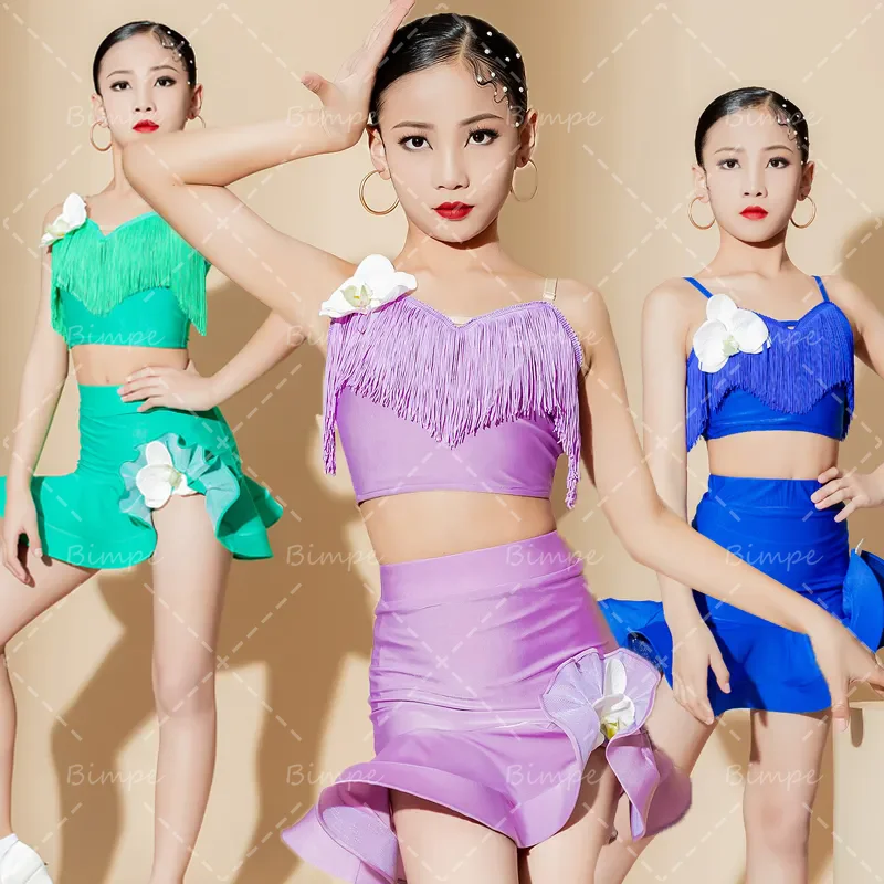 Girls Latin Dance Dress Fringe Latin Dance Clothes Kids Competition Salsa Costume Black Red Child Ballroom Tango Dresses Tassel