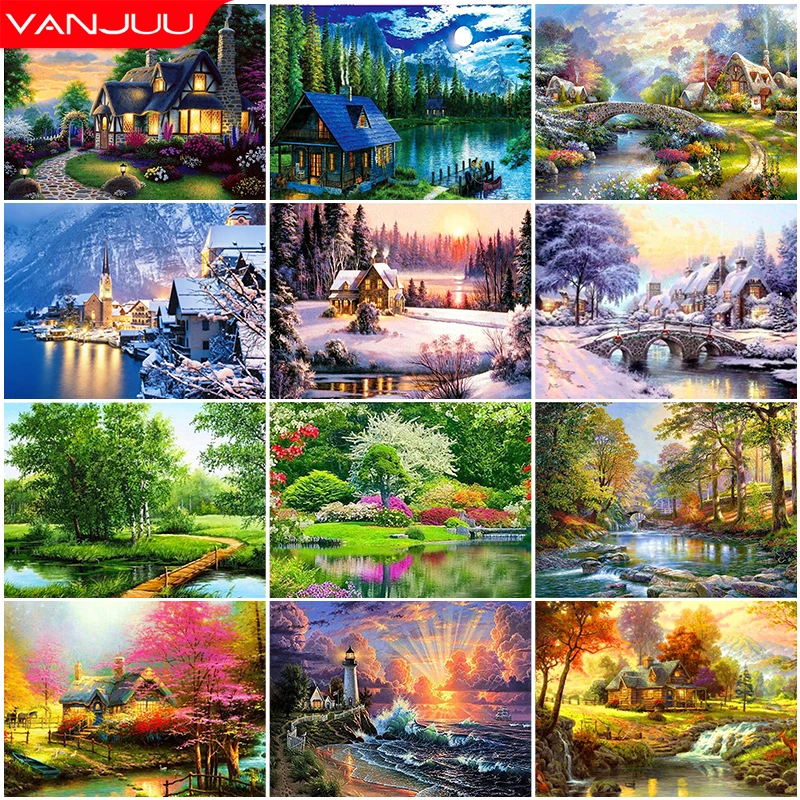 5D DIY Animal Diamond Painting Full Round Diamond Landscape Forest House Mosaic Embroidery Home Decor Gift