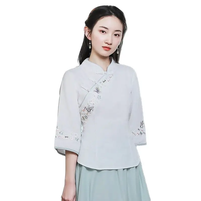 

Cotton Linen Chinese Shirt Women National Style Embroidery Cheongsam Top Tang Suit Chinese Traditional Clothing Elegance Slim