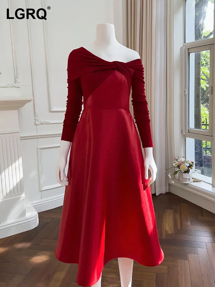 

LGRQ Women's Dress Solid Slanted Collar Off Shoulder Fashion Long Sleeve High Waist Causal Loose Dresses Female 2024 3WQ9599