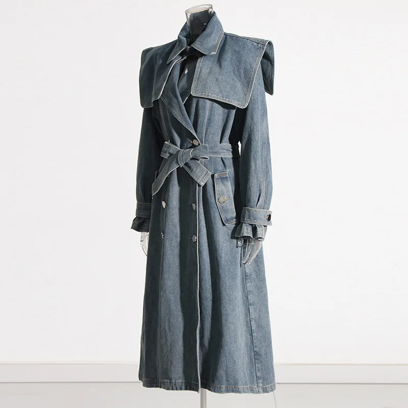 Women Blue Denim Big Size Long Trench New Lapel Long Sleeve Loose Fit Windbreaker Fashion Tide Spring Autumn 2023