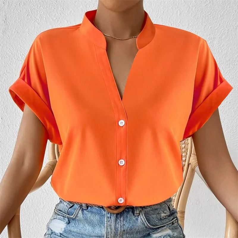 Women Solid Color Simple Style Single-breasted Cardigan Shirt Summer V Neck Short Sleeve Blouse Ladies Elegant Commuter Tops New