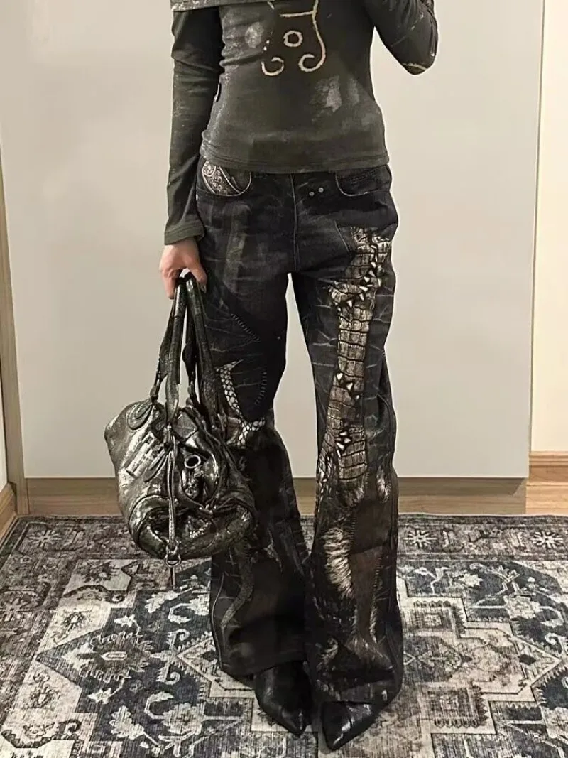 American Retro Python Print Straight Jeans Women Y2K Fashion Street Hot Girls Loose Harajuku Casual High Waisted Wide Leg Jeans 3