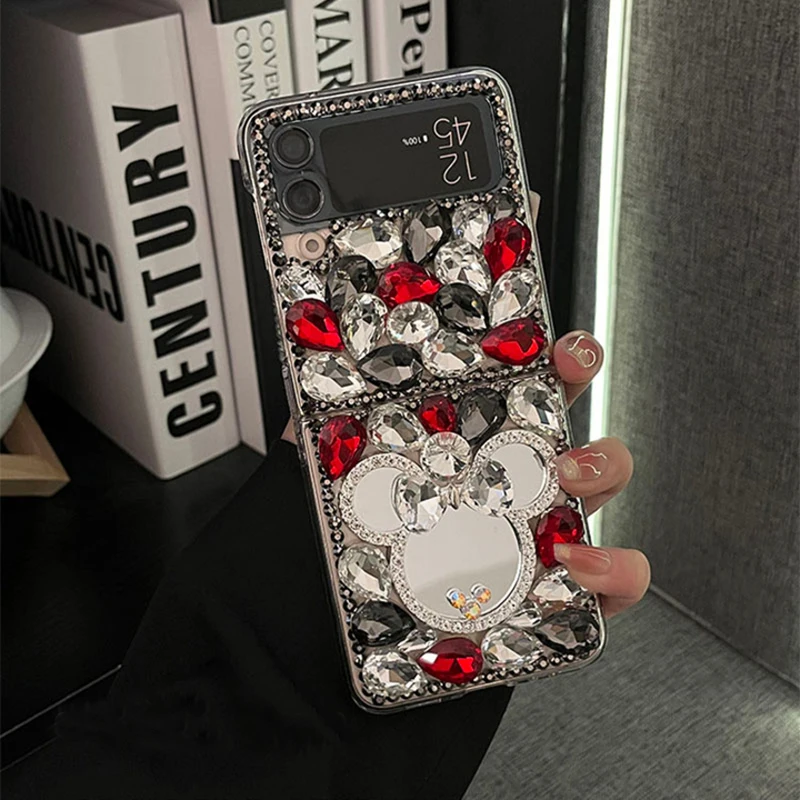 Phone Case Rhinestone 3D Mouse Mirror For Samsung Galaxy Z Flip 6 5 4 3 Fashion Water Drop Diamond Clear Hard Cover
