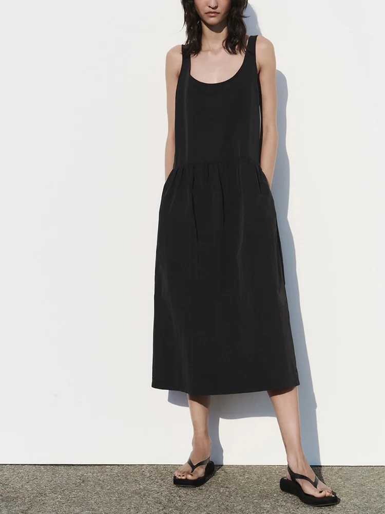

Черное платье 2023, летняя одежда для женщин, платье на бретелях без рукавов с круглым вырезом и низкой талией, однотонные повседневные платья миди, женская одежда