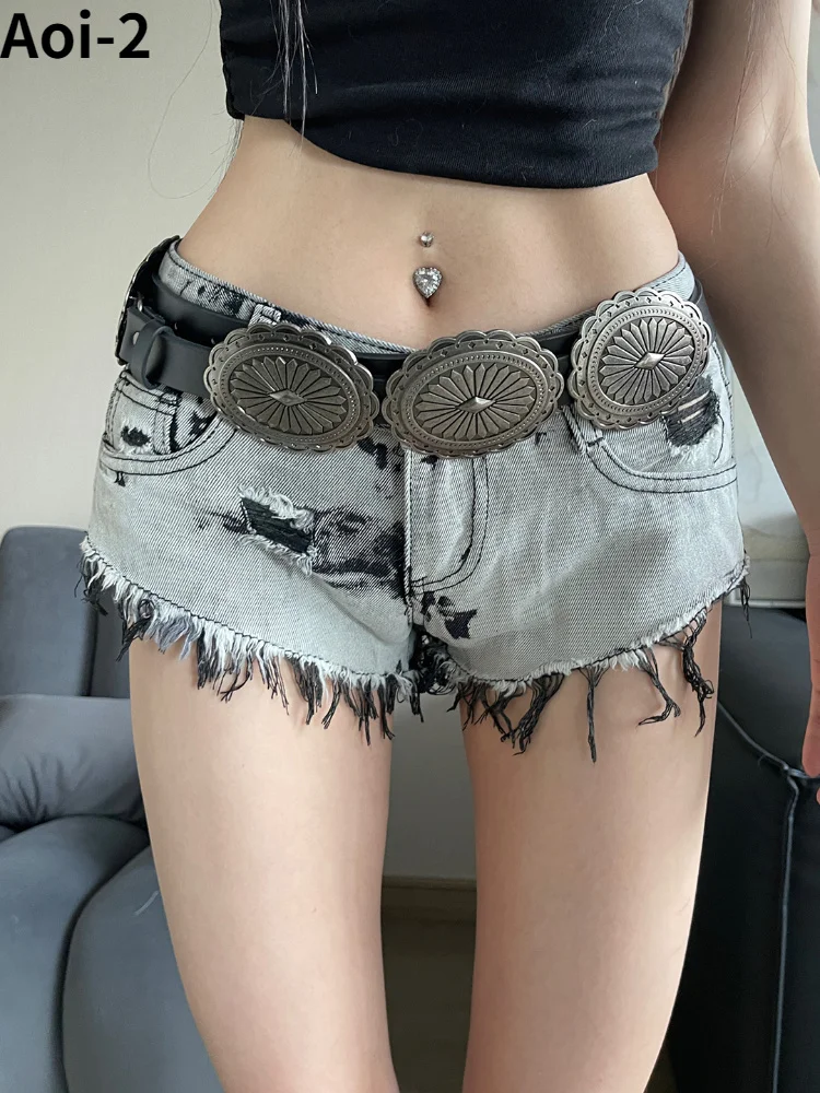 vintage-fashion-spice-girl-jeans-women's-2023-summer-new-low-waist-gray-ripped-edge-street-hot-pants-with-metal-carved-belt