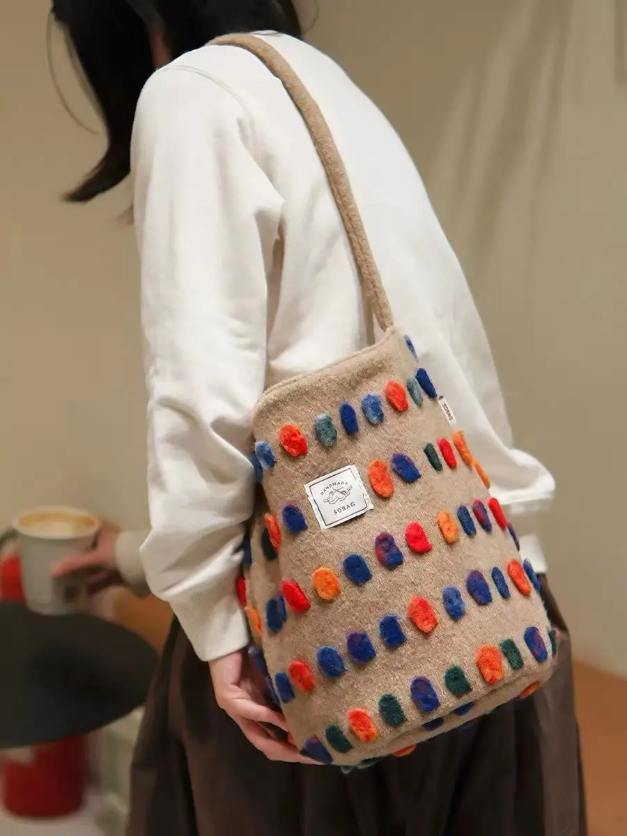 

Upgraded Kawaii Bucket Bag Leisure Large Capacity Woolen Cloth Handbag For Women's Small Art Colorful Wave Dot Cute Shoulder Bag