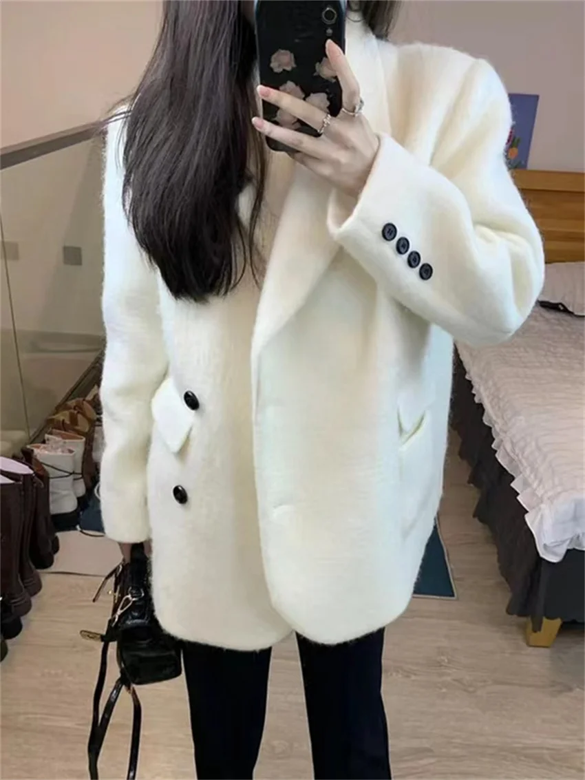 

Alien Kitty White Woolen Coats Spring OL Women Elegant Slim-Fit 2023 Cashmere Warm Soft Mujer Work Wear Chic Minimalist Blazers