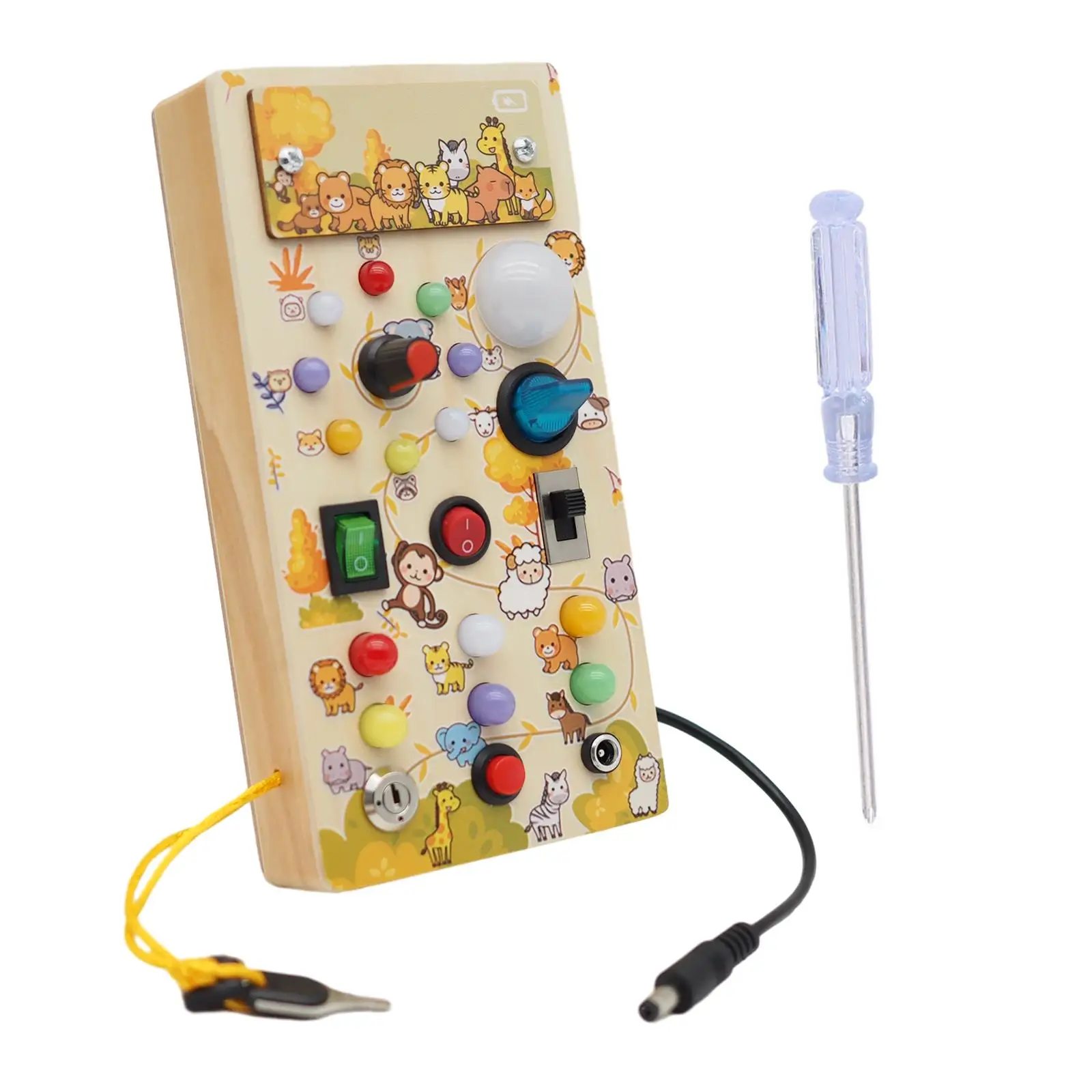 

Wooden Busy Board with 8 LED Light Switches Light Preschool Learning Activities Fine Motor Skill for Age 3 + Toddlers Children