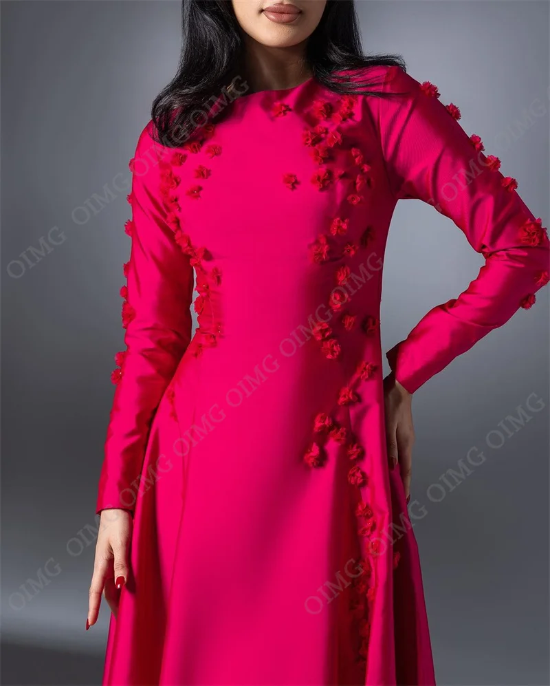 OIMG Fuchsia Flowers A Line Dubai A-Line Evening Dress Full Sleeves Saudi Arabic Formal Party Gown Vestidos Dresses Customized party dress
