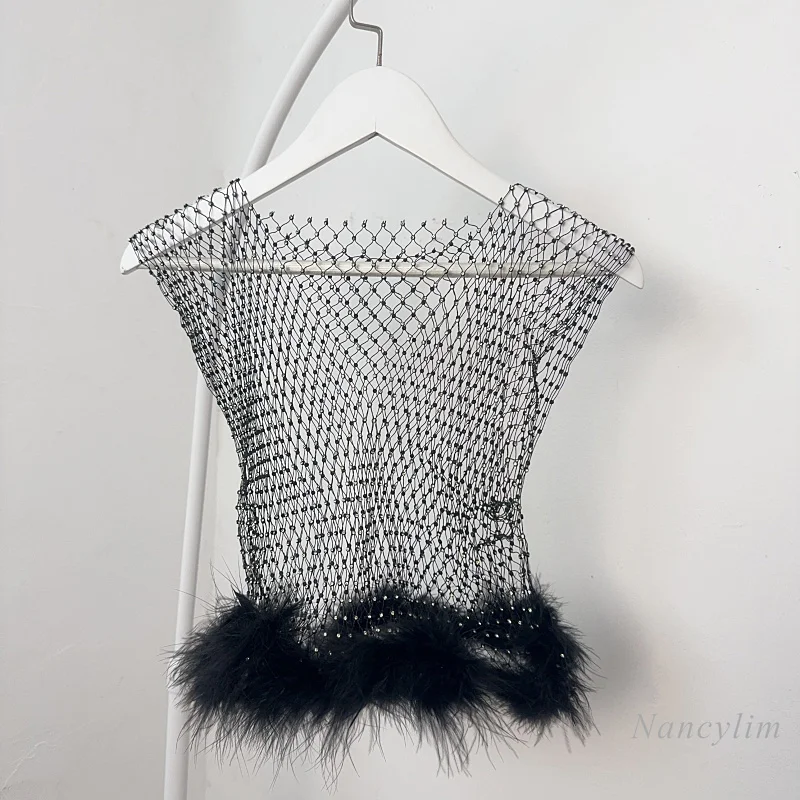 

Y2k Top Woman Hollow Glittering Diamond Stitching Feather Edging Sleeveless Top Female Short Black Tank