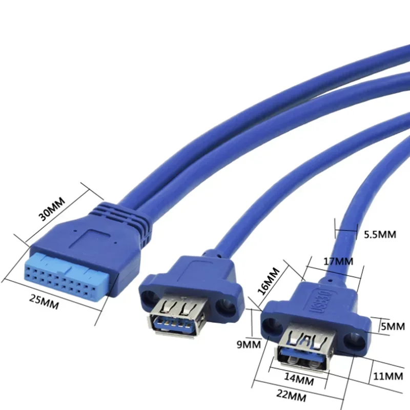 50cm 듀얼 USB 3.0 A 암 2 포트-USB 3.0 20Pin 암 컴퓨터 마더보드 설치 케이블(나사 구멍 어댑터 포함)