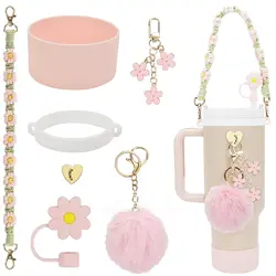 Enhanced Water Bottle Accessory Set - 7 Piece Kit with Handle Strap, Cup Covers, Straw Cover, and Decorative Charms (Light pink)