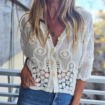 Embroidered Paisley Button-up Shirt Blouse Women's Cropchet Hollow-out Open-stitch Beach Cover-up Spring Summer 2026 Boho Chic