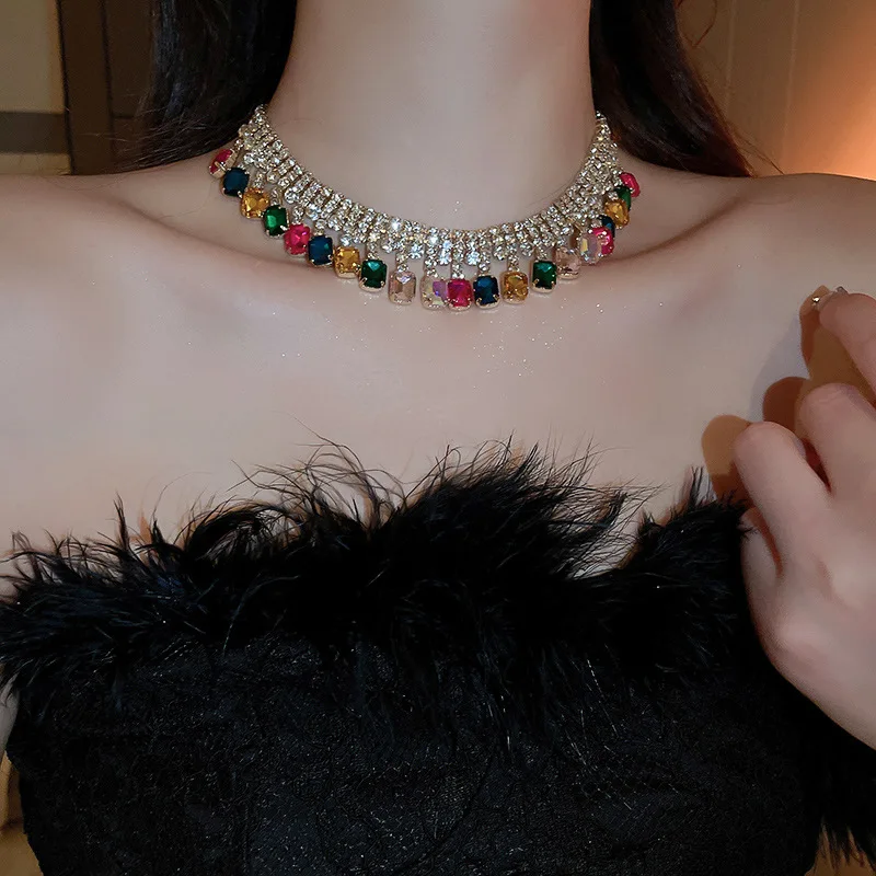 Exaggerated Square Inlaid Rhinestone Necklace for Women