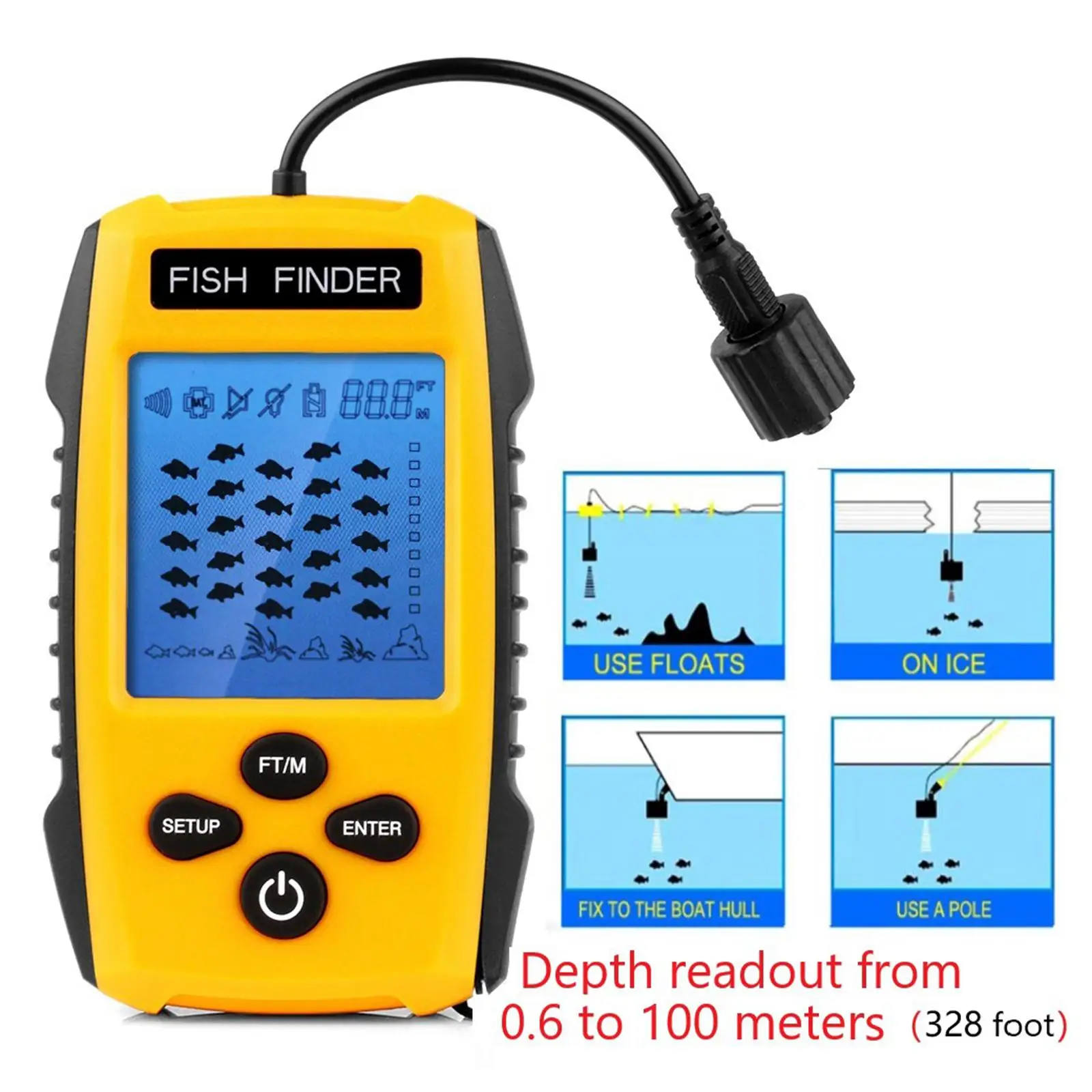 Handheld Portable Fish Ice Fishing Gear Depth with LCD Display Sonar Transducer 328ft ()