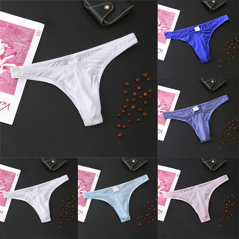 

Men Sexy Thong Panties Translucent Ice Silk Tanga Pouch Underpants Comfy Ultra-thin Ultra-Soft Low-rise Thong G-String Bikini