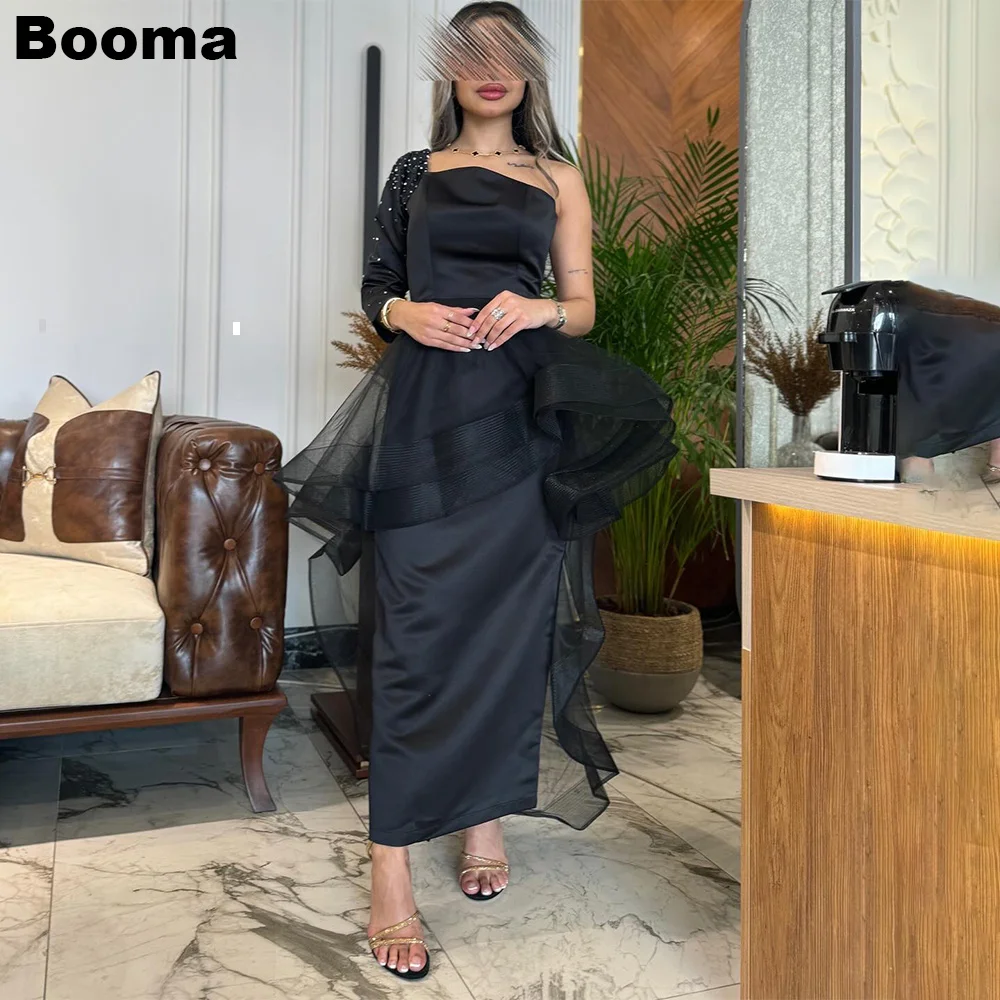 

Booma Saudi Arabic Mermaid Evening Dress One Shoulder Ruffles Formal Party Gowns Ankle Length Dubai Prom Dresses for Women