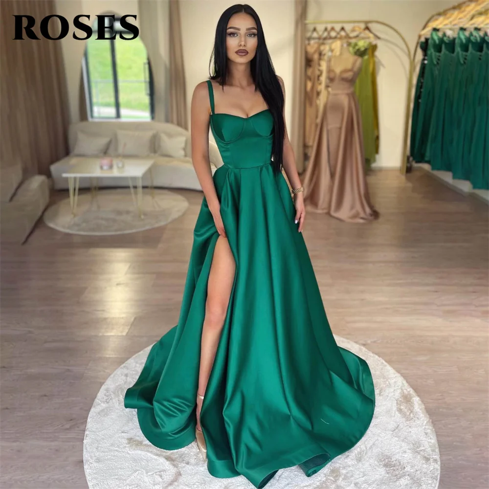 

ROSES Spaghetti Strap Evening Dresses A Line Charming Prom Dress Stain Green Party Dresses with High Split vestidos de noche