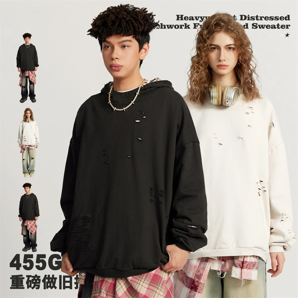 

2023 Winter Men Heavyweight 455gsm Hoodies Pullovers Unisex Loose Ripped Distressed Patchwork Hooded Sweaters HY0709