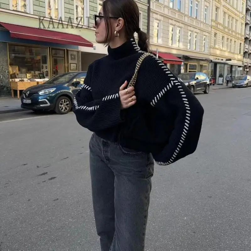 

KAAAZI Women Sweatshirt Fashion Casual Long Sleeve 2023 New Autumn Loose Women Knitting Pullover High Collar Streetwear Top