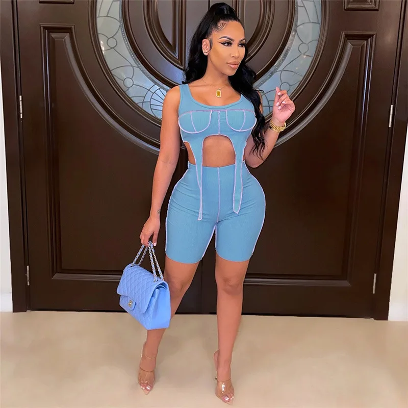 

2022 Summer Sexy Shorts Shirt + Pants Sportsuit Cut Out Sportsuit Matching Set Clothes For Women Acctivewear Suits