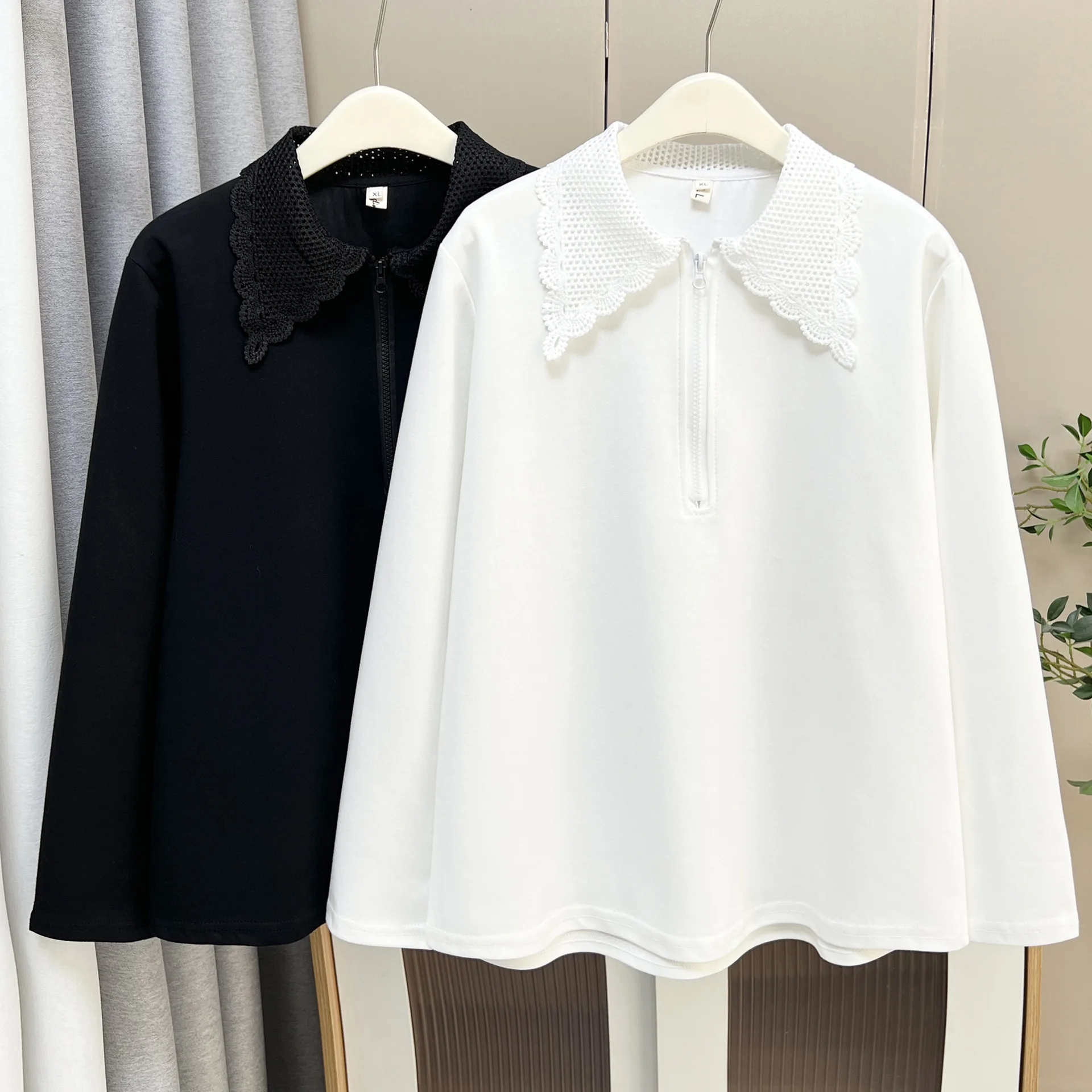 XXXXL Fashion Plus Size Women's T-Shirt Autumn New Style Stylish Casual Zipper Lace Lapel Long Sleeved Base Tops 933