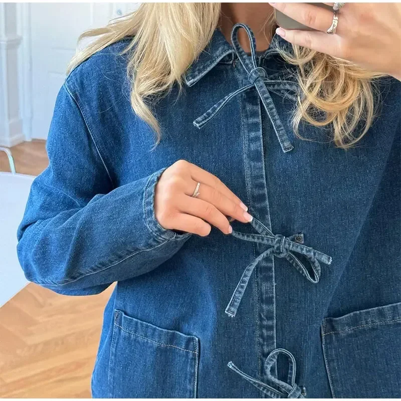 Chic Denim Lace Up Women‘s Shirt Fashion Loose Turn-down Collar Long Sleeve Female Shirts 2024 Sping Pocket Office Lady Top