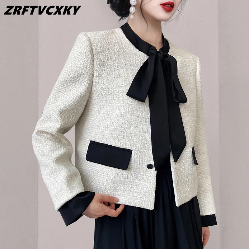 

Designer Lace Up Bow Tweed Jacket Coat Women Autumn Korean Fashion Hit Color Long Sleeve Loose Wool Blended Short Outwear