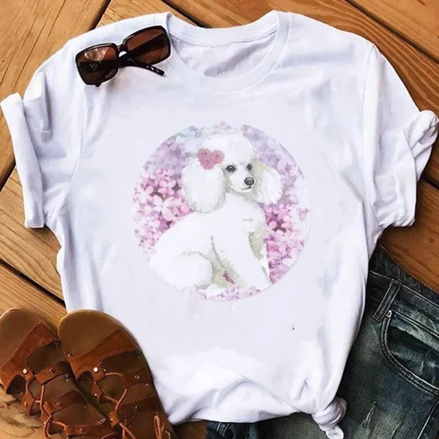 Niedliches Rosa Pudel Tierdruck Weißes T-Shirt Damen Hundeliebhaberin Shirt Muttertag Geschenk Sommer 2026 Lässige Vintage Damenkleidung