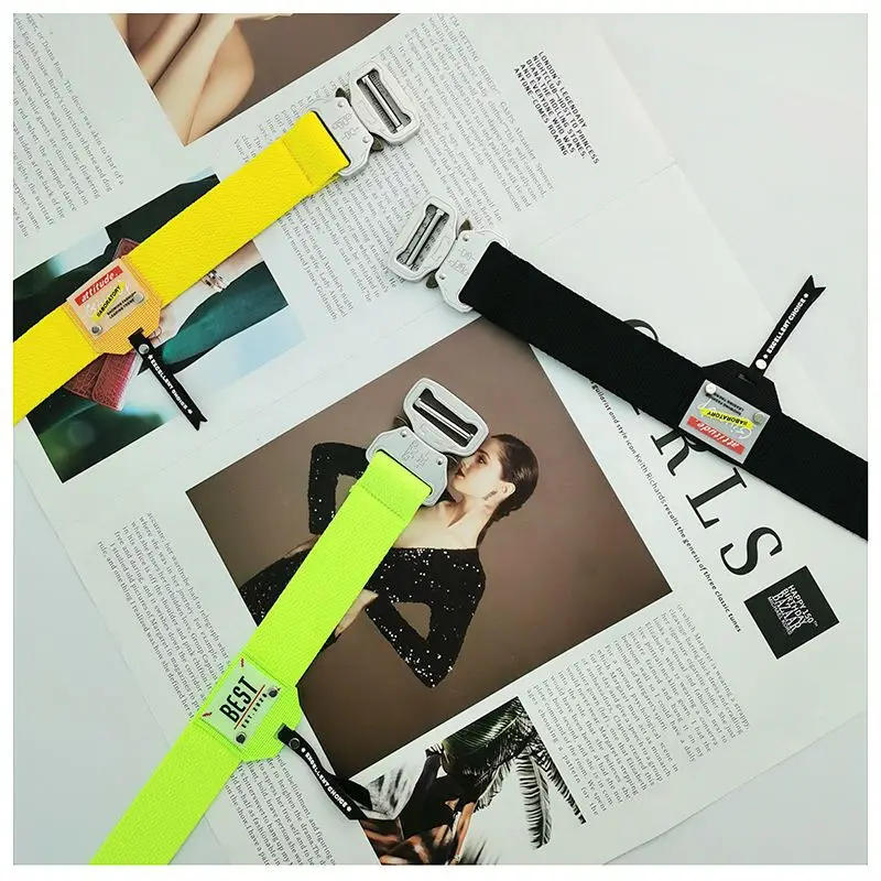 Functional Buckle Belt Men's Tooling Hip-hop Ins Fluorescent Green Decorative Belts Personality Silver Buckle Canvas Light Belt