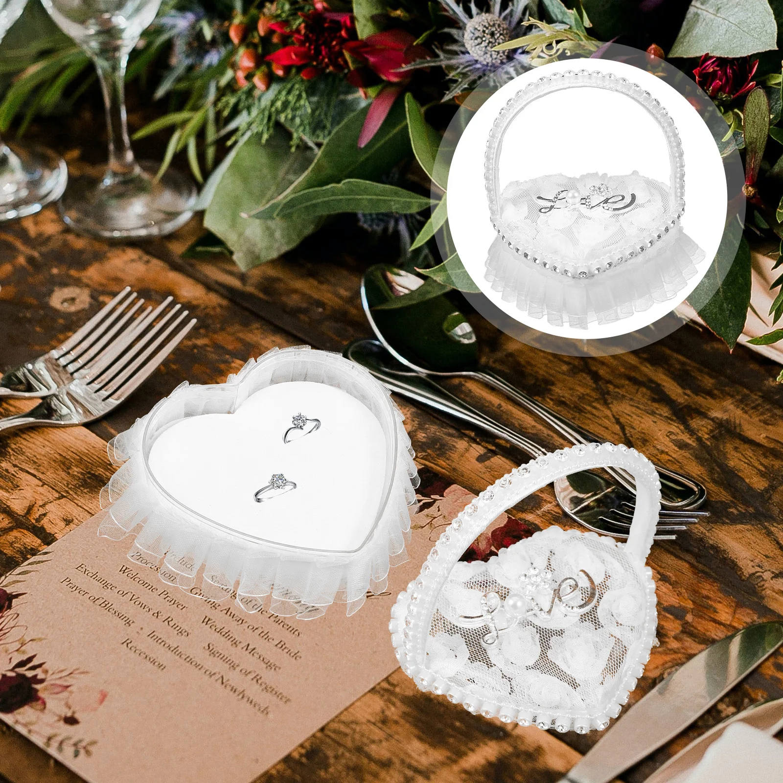 

Wedding Heart Shape Lace Ring Pillow Cushion Romantic Engagement Ring Box Holder With Handle For Valentine'S Day Ceremony