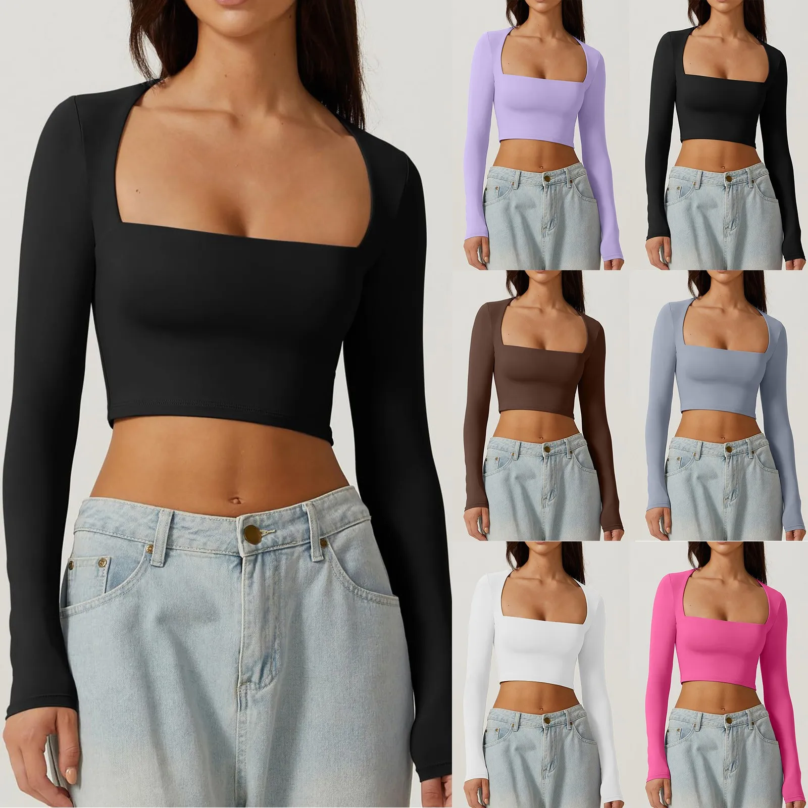 

Womens Sexy Square Neck Open Umbilical Top Long Sleeve Slim Fit Short T Shirt warm winter nightwear Thermal underwear women