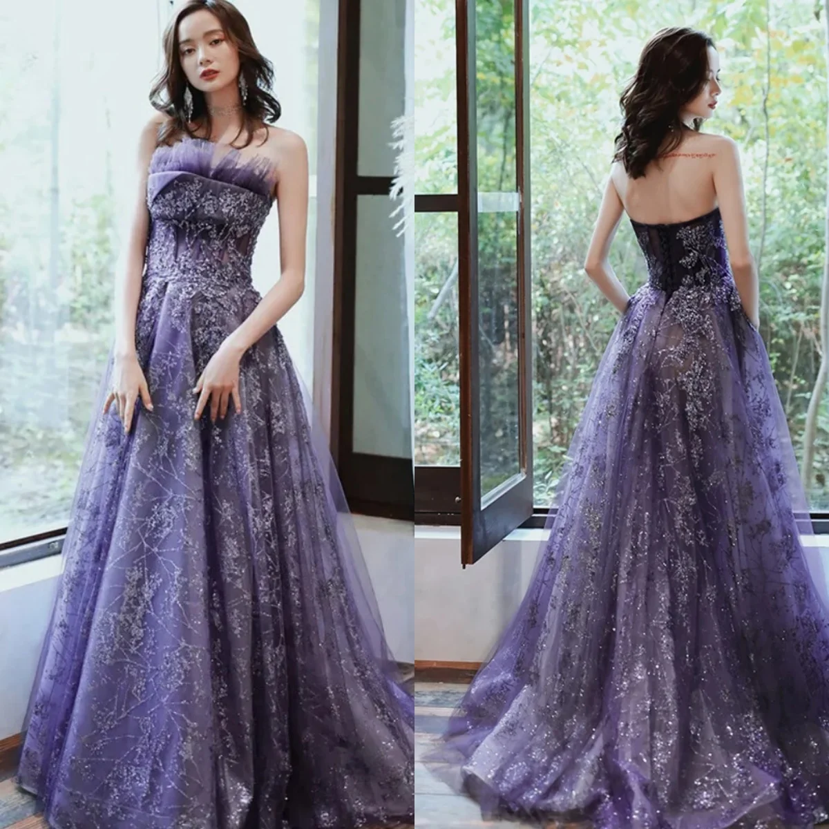 

Вечерние блестящие фиолетовые платья без бретелек, со шнуровкой