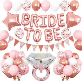 Decorazioni per addio al nubilato in oro rosa, decorazioni per addio al nubilato con striscioni di palloncini con lettere della sposa, palloncini con anello di diamanti
