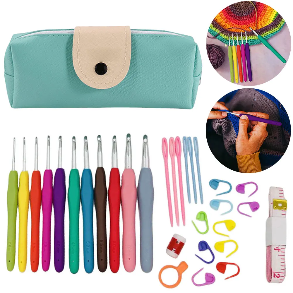 Colorful Soft Handle Knitting Needles Kit with Storage Bags Aluminum Needles Crochet Hooks Set Weaving Sewing Accessories Tools