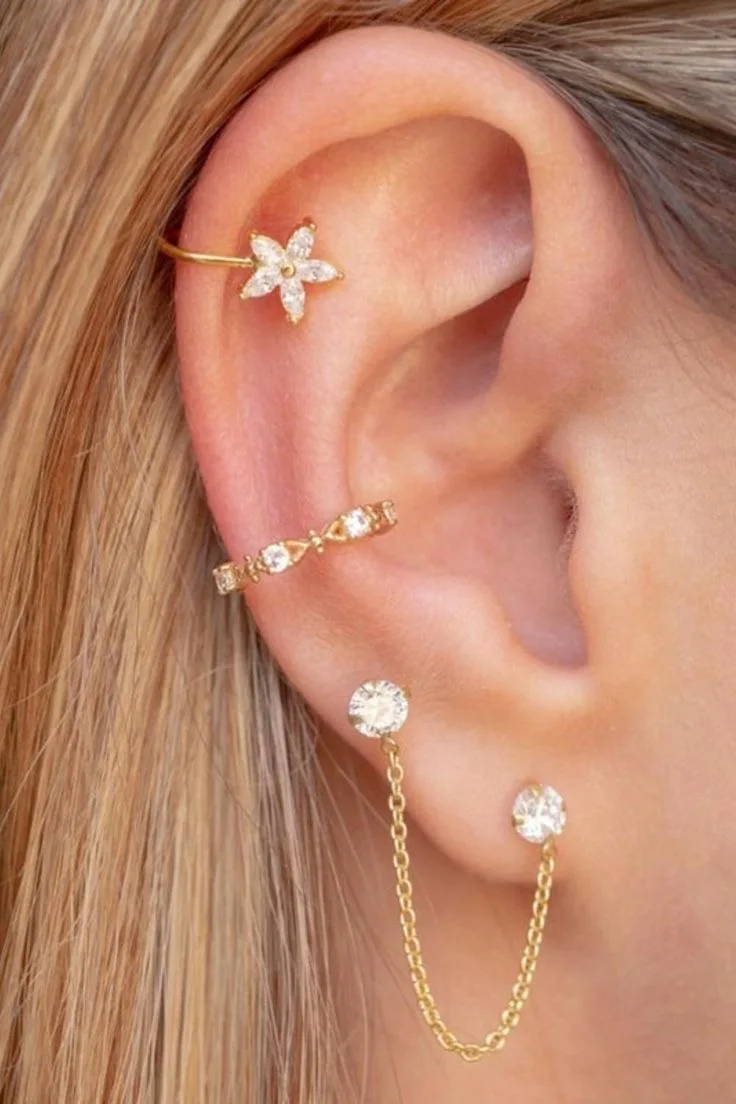 3pcs Simple cubic zirconia flower ear clip tassel chain earrings for ladies