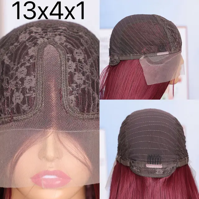 Straight Red 99J Burgundy Color Synthetic 13X4X1 HD Lace Frontal Wig Prepucked Baby Hair Bleach Knots Glueless Wig Daily Party 6