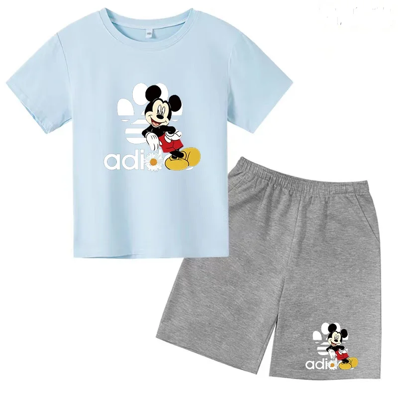 thumbnail image 1 of Camiseta y pantalones cortos con estampado de Mickey Mouse de verano para niños y adolescentes, traje de 2 piezas, ropa deportiva informal para niños y niñas, conjunto de moda Sunshine, 1 of 5