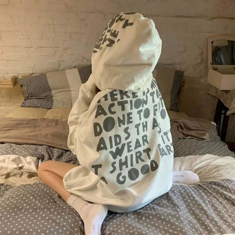 Women Casual O-neck Autumn Long Sleeve Letter Print Hoodies Hip Hop Hooded Funny Korean Style Tops Female Streetwear Girls Tide