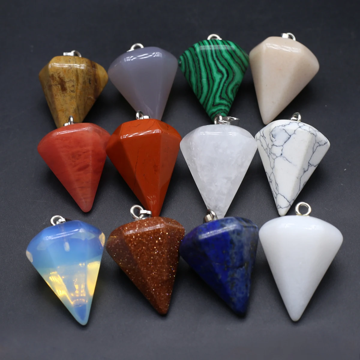 6PCS Wholesale Natural Semiprecious Stone Random Color Hexagonal Cone Pendant Jewelry Making DIY Necklace Earrings Accessories