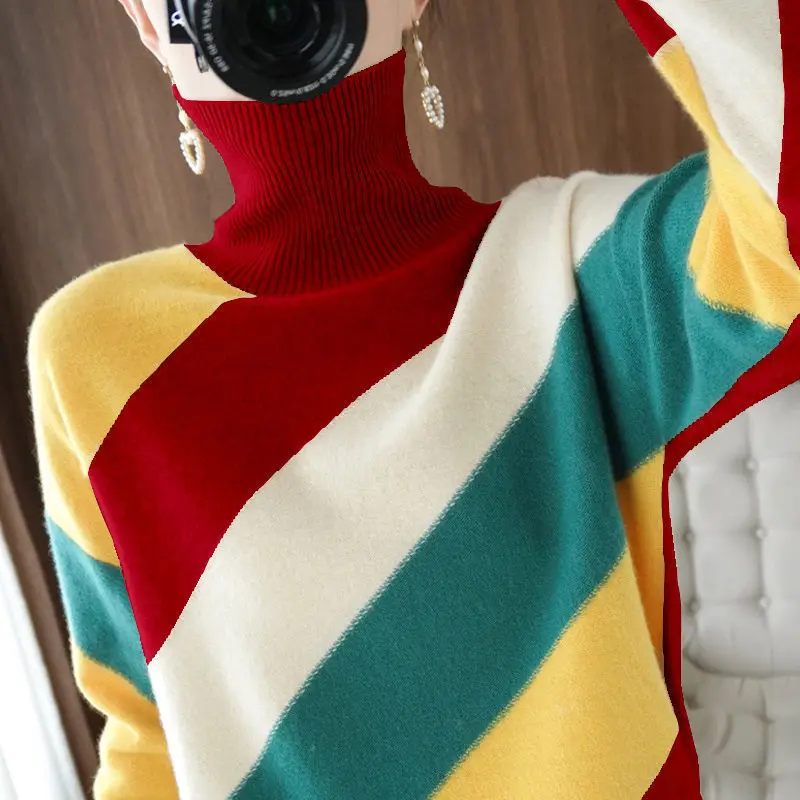 High Collar Sweater Women's 2023 Spring Autumn Knitwear Loose Thicke Stripe Color Contrast Soft Knitwear Jumpers Basic Sweaters