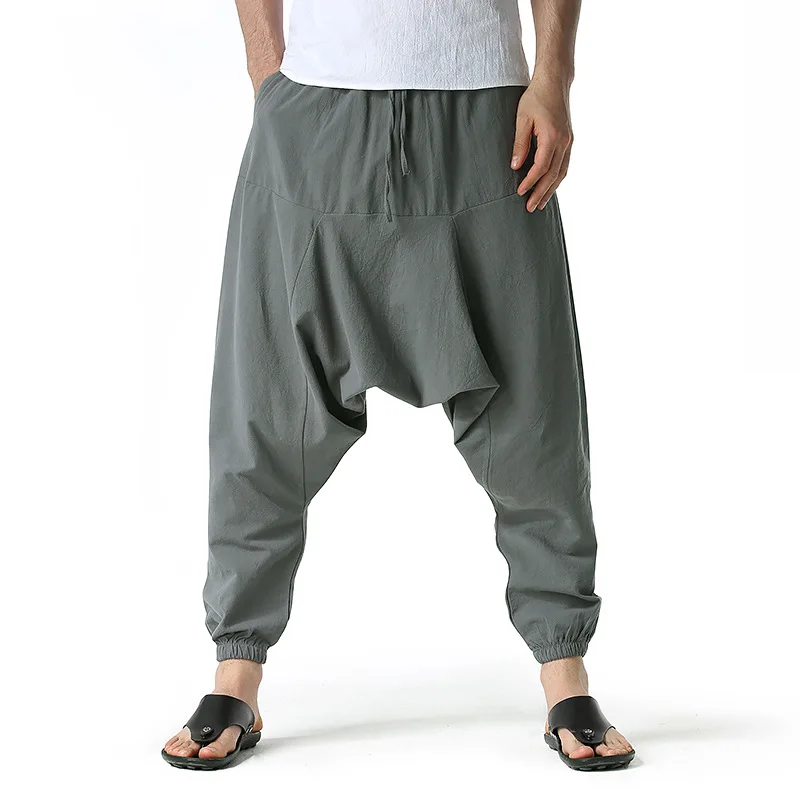 

Cotton Linen Harem Pants Men Solid Elastic Waist Streetwear Joggers New Baggy Drop-crotch Pants Casual Yoga Loose Trousers Men