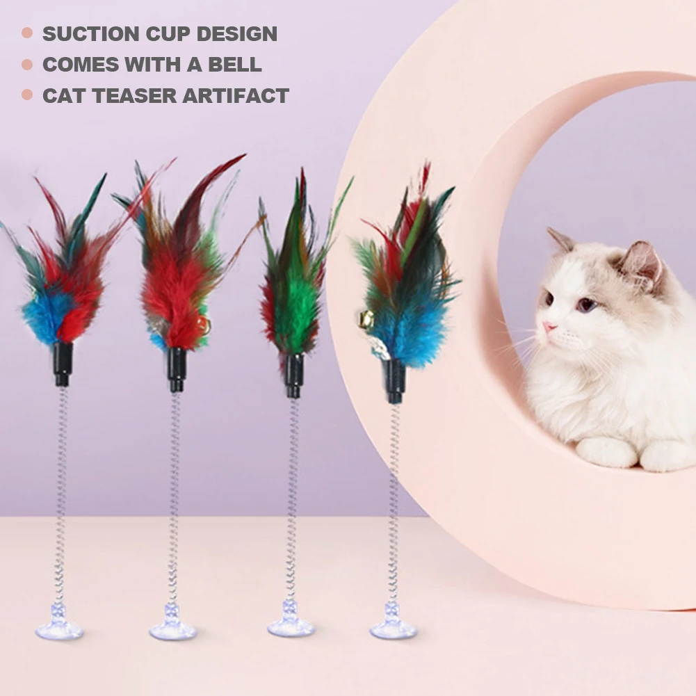 

Colorful Cat Feather Spring Toy with Suction Cup Cat Interactive Toy with Bell Funny Cat Scratcher Toy Cat Playing Teaser Wand