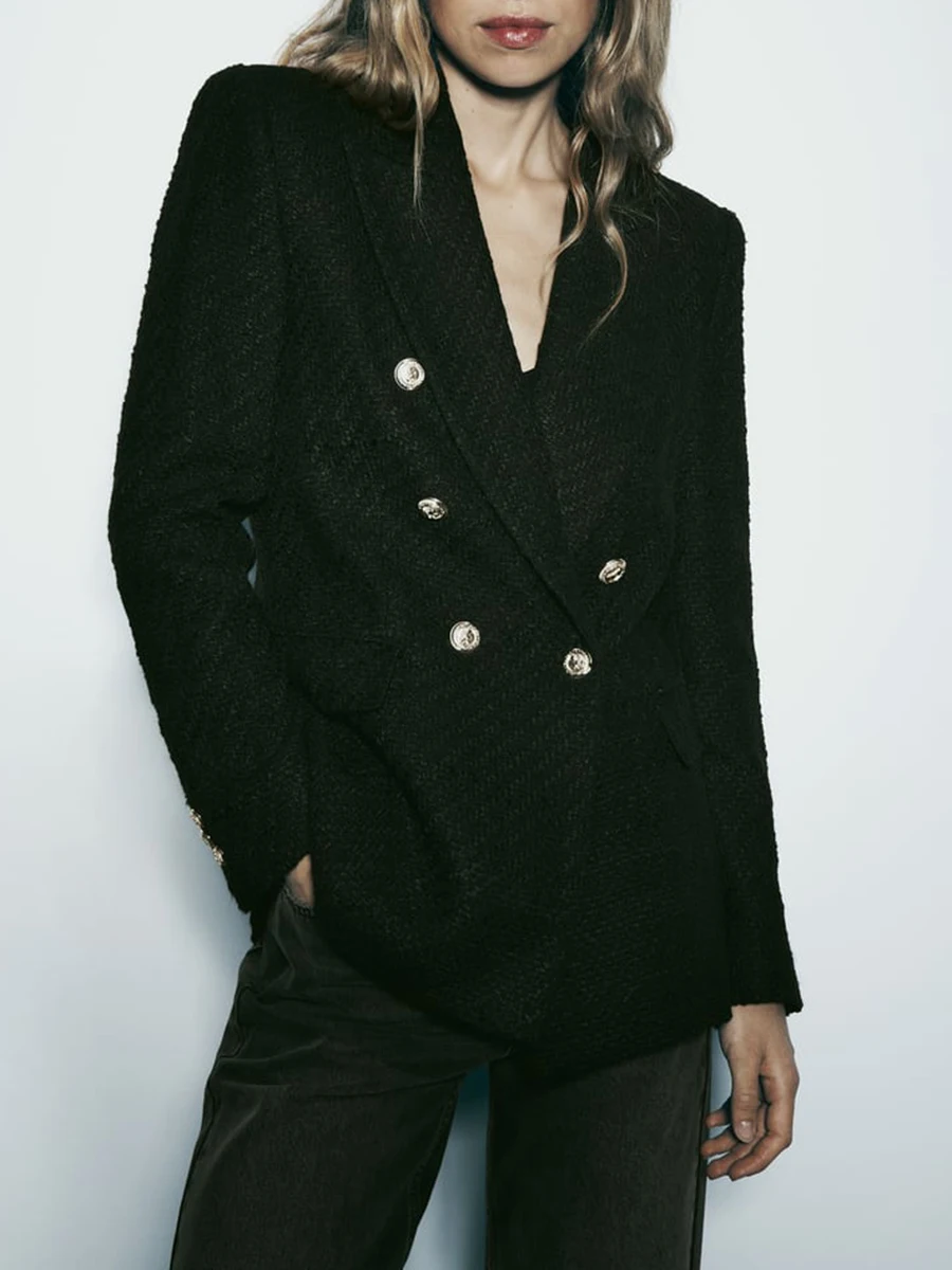 

Black Textured Women's Blazers Turn Down Collar Long Sleeve Double Breasted Suit Coats For Women Casual Office Lady Jacket 2023